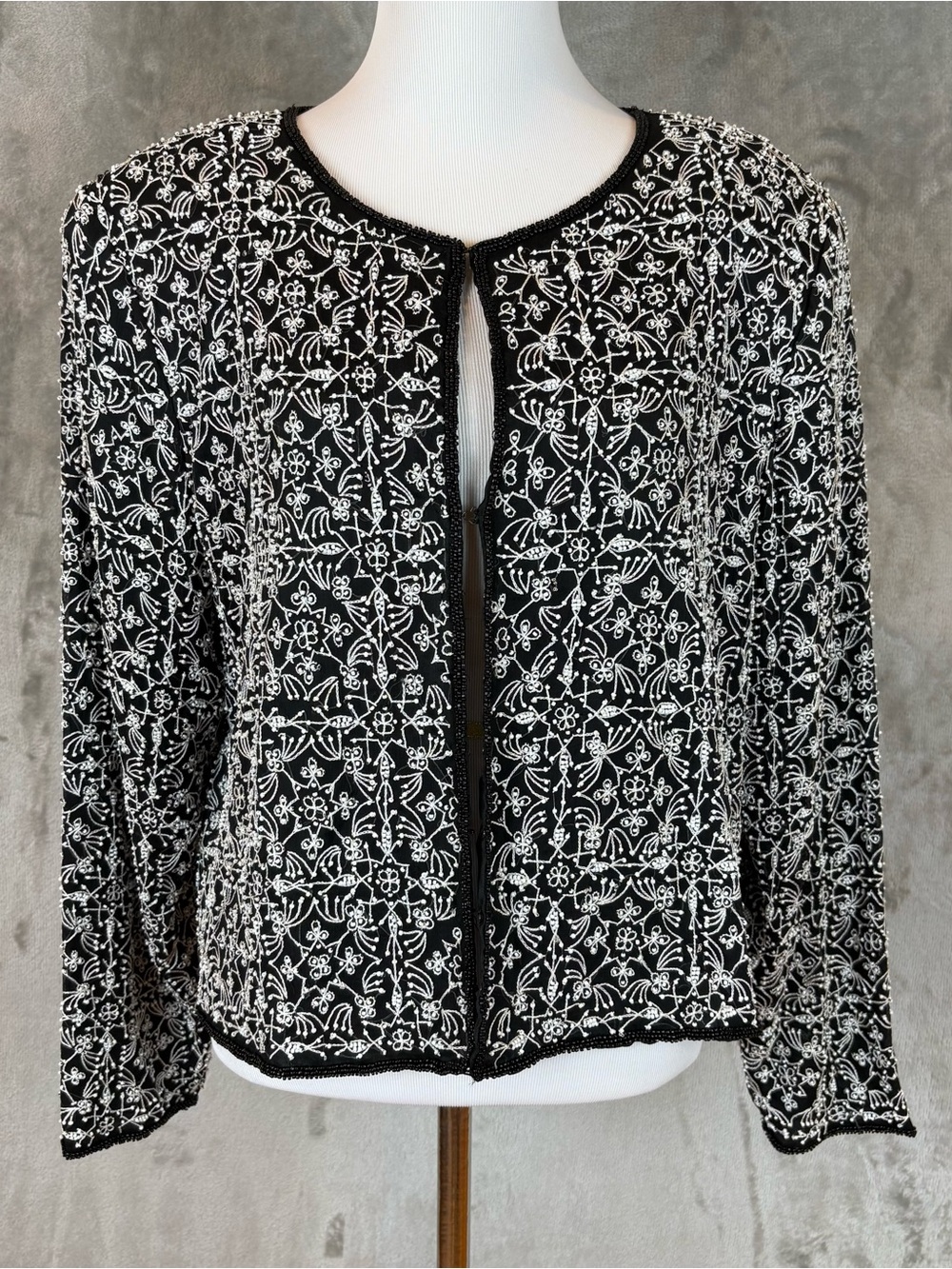 Stenay Vintage 80s 90s Beaded Silk Evening Jacket Black White Sequined Blazer XL